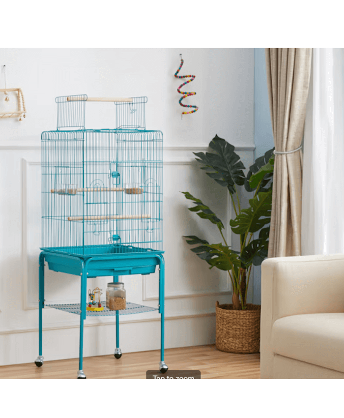 Teal Blue Metal Bird Cage with Detachable Rolling Stand for Small Birds, 47